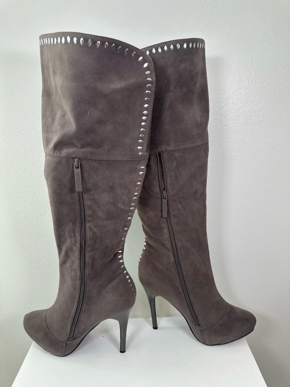 Shiekh Knee High Boots Size 10 Brown Faux Suede Studded Stiletto Heel Zip
